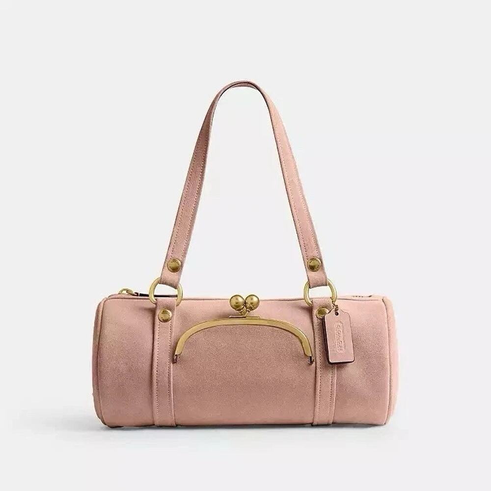 NWT Coach Kisslock Barrel Bag Suede and soft grain leather CDZ16 Brass/Nuage
